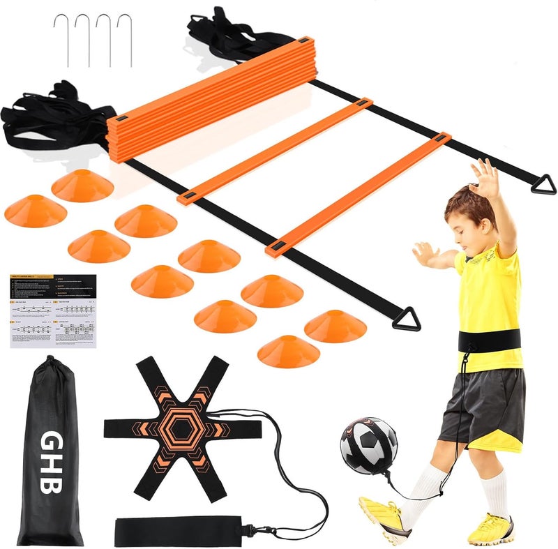 GHB Pro Agility Ladder Soccer Kick Trainer Set 20ft 12 Rung 10 Cones and 4 Stakes Speed Agility Football Training Equipment with Carrying Bag - Image 1